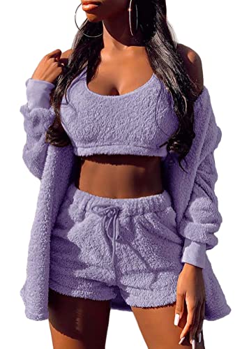 Tomwell Damen Winter 3 Stücke Sport Anzug Fleece Plüsch Strickjacke Pullover Crop Top Lässig Short Sportanzug Freizeitanzug A Violett 3XL von Tomwell