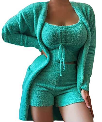 Tomwell Damen Winter 3 Stücke Sport Anzug Fleece Plüsch Strickjacke Pullover Crop Top Lässig Short Sportanzug Freizeitanzug von Tomwell