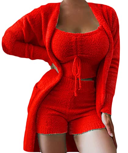 Tomwell Damen Winter 3 Stücke Sport Anzug Fleece Plüsch Strickjacke Pullover Crop Top Lässig Short Sportanzug Freizeitanzug von Tomwell