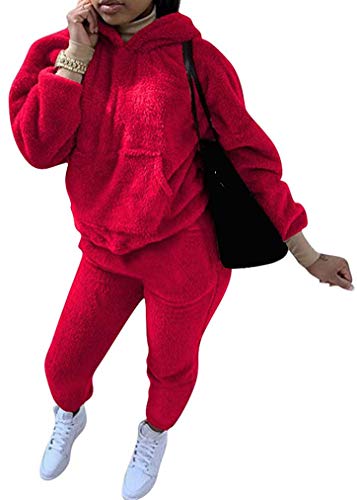 Tomwell Damen Winter Bekleidung Sport Anzug Fleece Plüsch Dicke Langarm Hoodie Pullover Sweathirt Mit Kaupuze Tasche Flauschig Lässig Hose Sportanzug Freizeitanzug Rot M von Tomwell