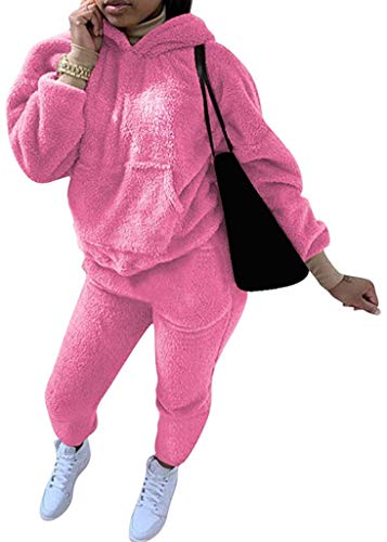 Tomwell Damen Winter Bekleidung Sport Anzug Fleece Plüsch Pullover Sweathirt Mit Tasche Dicke Langarm Hoodie Flauschig Lässig Hose Sportanzug Freizeitanzug Rosa XXL von Tomwell