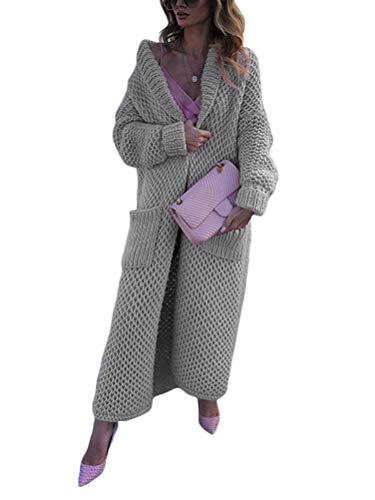 Tomwell Damen Winter Elegante Gestrickte Strickjacke Strickmantel mit Kapuzen Outwear Lange Verdicken Cardigan Winterjacke Pullover Pulli Offener Ausschnitt Lose Outwear Grau L von Tomwell