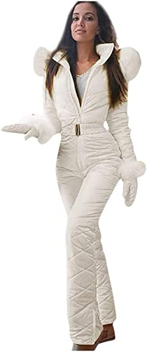 Tomwell Damen Winter Warme Schnee Skifahren Sätze Outdoor Sports Jumpsuit Langer Overall mit Kapuze Reißverschluss Dick Skianzüge wasserdicht Schneeanzug Hooded Skisuit Weiß S von Tomwell