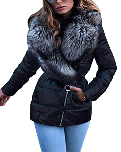 Tomwell Damen Wintermantel Parka Outdoor Leichte Daunenjacke Jacke Mantel Elegant Pelzkragen Steppjacke Warmer Casual Winterjacke Outwear mit Taschen Schwarz XS von Tomwell