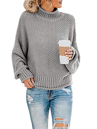 Tomwell Damen Winterpullover Oversize Rollkragen Pullover Grobstrick Strickpulli Grobstrickpullover Sweatshirts Pulli Rundhals Langarm Lose Oberteile Winter A Grau M von Tomwell