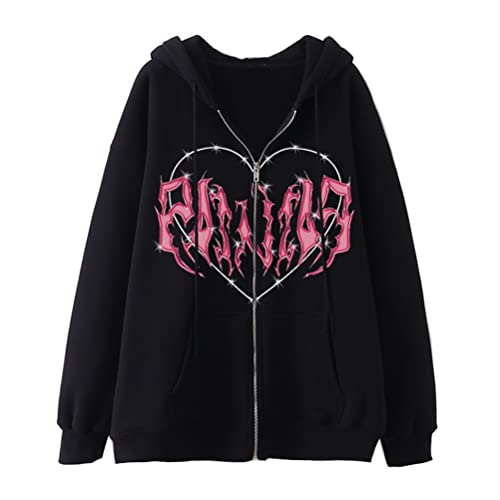 Tomwell Damen Y2K Jacke Zip Up Hoodies Goth Skeleton Strass Graphics Harajuku Oversized Sweatshirt Vintage Kapuzenjacke Kordelzug Sweatjacke mit Kapuze 90er E-Girl Top T Schwarz M von Tomwell