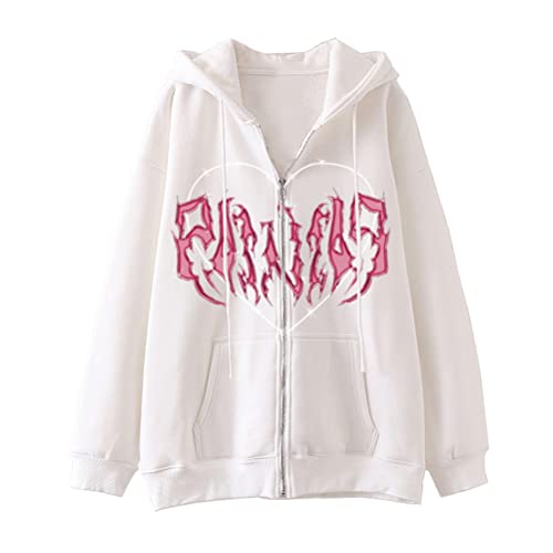 Tomwell Damen Y2K Jacke Zip Up Hoodies Goth Skeleton Strass Graphics Harajuku Oversized Sweatshirt Vintage Kapuzenjacke Kordelzug Sweatjacke mit Kapuze 90er E-Girl Top T Weiß S von Tomwell