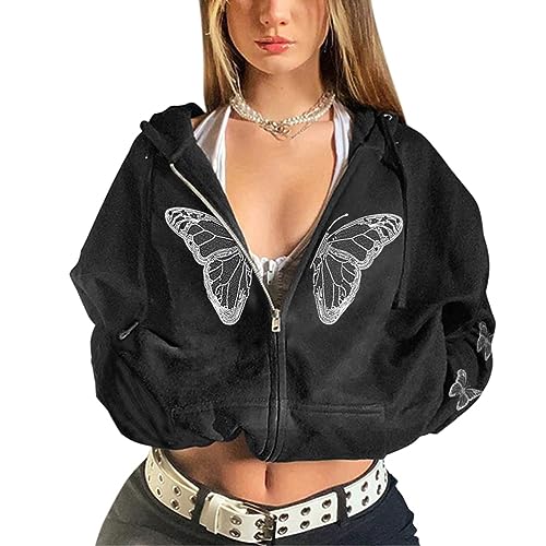 Tomwell Damen Y2K Jacke Zip Up Hoodies Goth Skeleton Strass Graphics Harajuku Oversized Sweatshirt Vintage Kapuzenjacke Kordelzug Sweatjacke mit Kapuze 90er E-GirlF2 Schwarz L von Tomwell