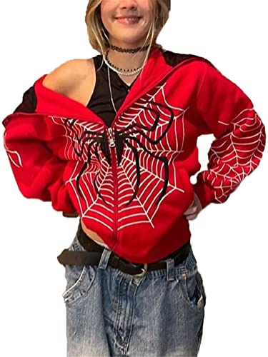 Tomwell Damen Y2K Jacke Zip Up Hoodies Goth Spinnen Graphics Harajuku Sweatshirt Vintage Kapuzenjacke Kapuzenpullover Unisex Kordelzug Sweatjacke mit Kapuze 90er E-Girl Top A Rouge L von Tomwell