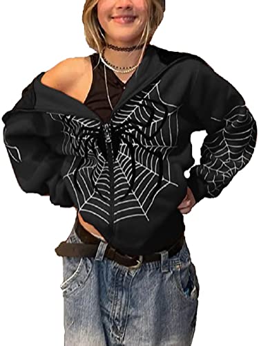 Tomwell Damen Y2K Jacke Zip Up Hoodies Goth Spinnen Graphics Harajuku Sweatshirt Vintage Kapuzenjacke Kapuzenpullover Unisex Kordelzug Sweatjacke mit Kapuze 90er E-Girl Top A Schwarz L von Tomwell