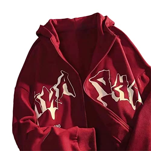 Tomwell Damen Y2K Jacke Zip Up Hoodies Harajuku Hip Hop Sweatshirt Vintage Goth Druck Kapuzenjacke Straßenmode Unisex Kordelzug Sweatjacke mit Kapuze 90er E-Girl Top C Rot L von Tomwell