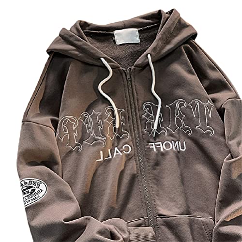 Tomwell Damen Y2K Jacke Zip Up Hoodies Harajuku Hip Hop Sweatshirt Vintage Goth Druck Kapuzenjacke Straßenmode Unisex Kordelzug Sweatjacke mit Kapuze 90er E-Girl Top E Kaffee S von Tomwell