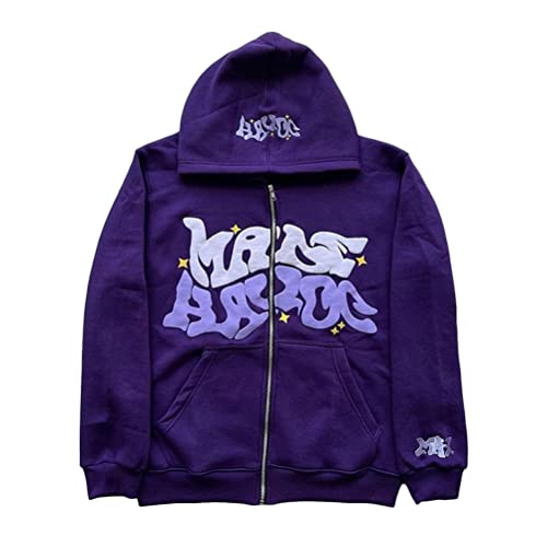 Tomwell Damen Y2K Jacke Zip Up Hoodies Harajuku für Paare Sweatshirt Vintage Goth Druck Kapuzenjacke Straßenmode Unisex Übergroße Sweatjacke mit Kapuze 90er E-Girl Top C Violett S von Tomwell