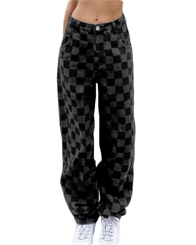 Tomwell Damen Y2K Jeans Frauen Mode Patchwork Harajuku Pants Jeans Vintage Jeanshose Straight Leg Hose Mit Hoher Taille Hosen 3 Schwarz S von Tomwell