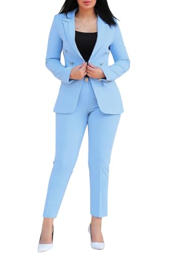 Tomwell Damen Zweiteiliger Business Anzug Set Revers Büro Formal Blazer Langarm Drucken Anzugjacke Hosenanzug Slim Fit Hose 2-teilig Sportanzug Streetwear D Blau M von Tomwell