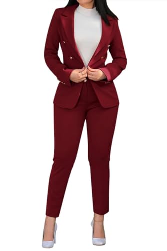 Tomwell Damen Zweiteiliger Business Anzug Set Revers Büro Formal Blazer Langarm Drucken Anzugjacke Hosenanzug Slim Fit Hose 2-teilig Sportanzug Streetwear D Rot XXL von Tomwell