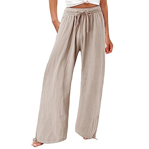 Tomwell Damen einfarbige Freizeithose mit hoher Taille Sommerhose mit elastischem Bund aus Baumwolle und Leinen mit Taschen und Kordelzug E Beige M von Tomwell