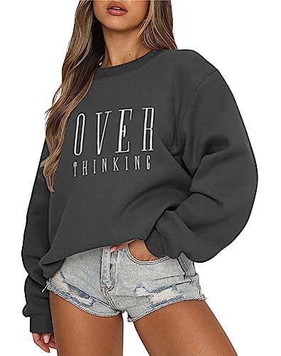 Tomwell Damen Oversized Sweatshirt Los Angeles Pullover ohne Kapuze Teenager Mädchen Rundhals Pulli Herbst Winter Fleecepullover A Dunkelgrau XS von Tomwell