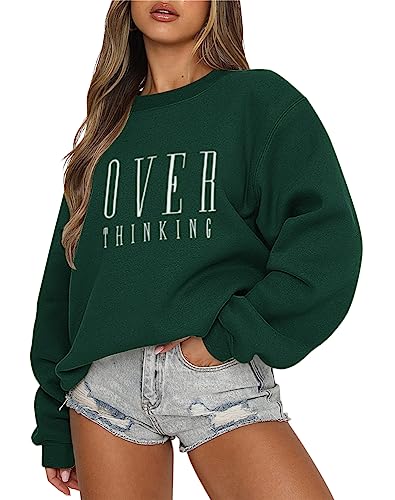 Tomwell Damen Oversized Sweatshirt Los Angeles Pullover ohne Kapuze Teenager Mädchen Rundhals Pulli Herbst Winter Fleecepullover A Dunkelgrün XXL von Tomwell