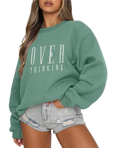Tomwell Damen Oversized Sweatshirt Los Angeles Pullover ohne Kapuze Teenager Mädchen Rundhals Pulli Herbst Winter Fleecepullover A Grün M von Tomwell