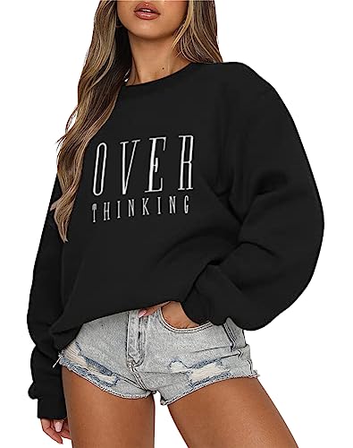 Tomwell Damen Oversized Sweatshirt Los Angeles Pullover ohne Kapuze Teenager Mädchen Rundhals Pulli Herbst Winter Fleecepullover A Schwarz XXL von Tomwell