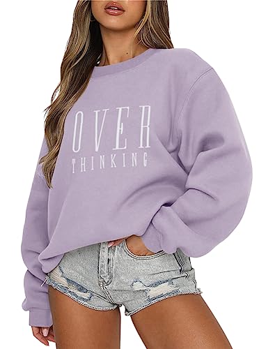 Tomwell Damen Oversized Sweatshirt Los Angeles Pullover ohne Kapuze Teenager Mädchen Rundhals Pulli Herbst Winter Fleecepullover A Violett L von Tomwell