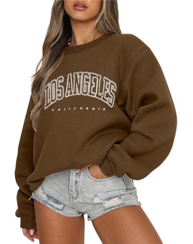 Tomwell Damen Oversized Sweatshirt Los Angeles Pullover ohne Kapuze Teenager Mädchen Rundhals Pulli Herbst Winter Fleecepullover B Braun XS von Tomwell