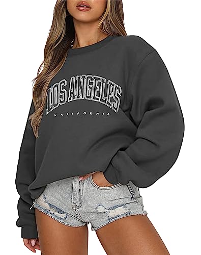 Tomwell Damen Oversized Sweatshirt Los Angeles Pullover ohne Kapuze Teenager Mädchen Rundhals Pulli Herbst Winter Fleecepullover B Dunkelgrau L von Tomwell