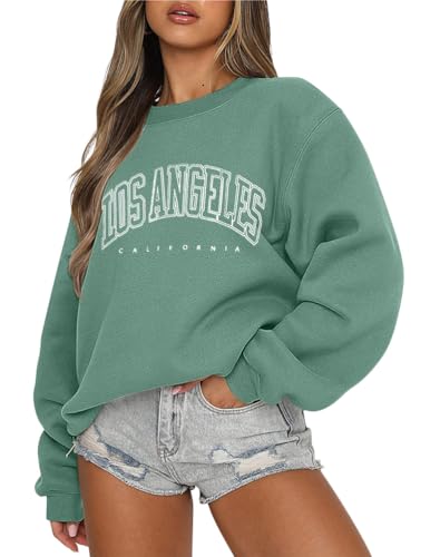 Tomwell Damen Oversized Sweatshirt Los Angeles Pullover ohne Kapuze Teenager Mädchen Rundhals Pulli Herbst Winter Fleecepullover B Grün M von Tomwell