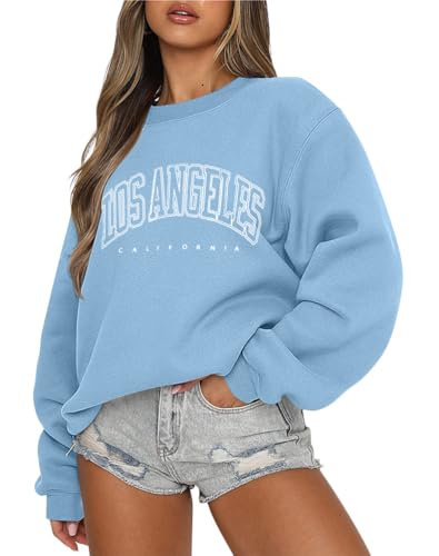 Tomwell Damen Oversized Sweatshirt Los Angeles Pullover ohne Kapuze Teenager Mädchen Rundhals Pulli Herbst Winter Fleecepullover B Hellblau L von Tomwell