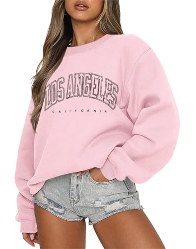 Tomwell Damen übergroße Sweatshirt Los Angeles Vintage Oversized Langarmshirt Rundhals Pullover Teenager Mädchen Casual Oberteile Tops Winter Herbst Streetwear Pulli B Rosa L von Tomwell