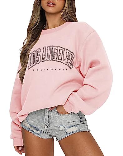 Tomwell Damen übergroße Sweatshirt Los Angeles Vintage Oversized Langarmshirt Rundhals Pullover Teenager Mädchen Casual Oberteile Tops Winter Herbst Streetwear Pulli B Rosa M von Tomwell