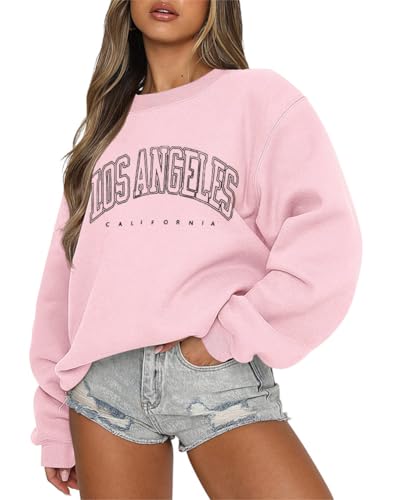 Tomwell Damen Oversized Sweatshirt Los Angeles Pullover ohne Kapuze Teenager Mädchen Rundhals Pulli Herbst Winter Fleecepullover B Rosa XXL von Tomwell