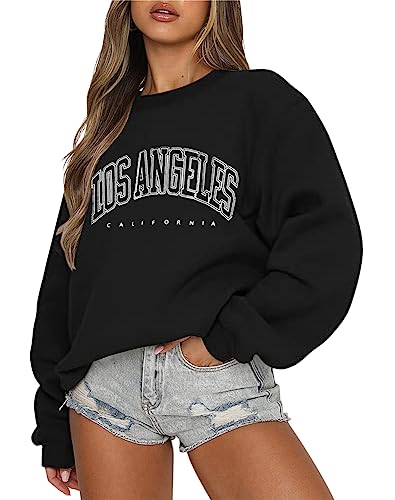 Tomwell Damen Oversized Sweatshirt Los Angeles Pullover ohne Kapuze Teenager Mädchen Rundhals Pulli Herbst Winter Fleecepullover B Schwarz S von Tomwell