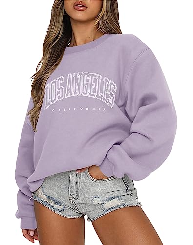 Tomwell Damen Oversized Sweatshirt Los Angeles Pullover ohne Kapuze Teenager Mädchen Rundhals Pulli Herbst Winter Fleecepullover B Violett XXL von Tomwell