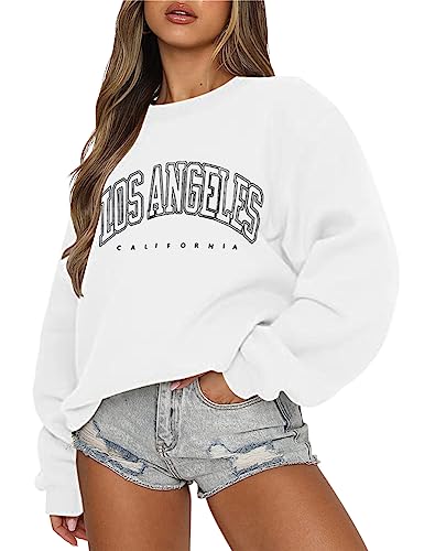 Tomwell Damen Oversized Sweatshirt Los Angeles Pullover ohne Kapuze Teenager Mädchen Rundhals Pulli Herbst Winter Fleecepullover B Weiß XXL von Tomwell