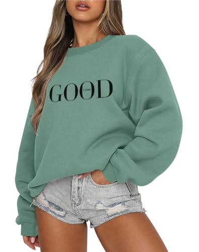 Tomwell Damen übergroße Sweatshirt Los Angeles Vintage Oversized Langarmshirt Rundhals Pullover Teenager Mädchen Casual Oberteile Tops Winter Herbst Streetwear Pulli E Grün M von Tomwell