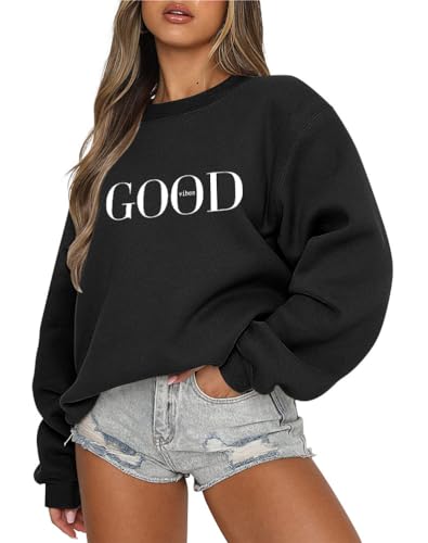 Tomwell Damen übergroße Sweatshirt Los Angeles Vintage Oversized Langarmshirt Rundhals Pullover Teenager Mädchen Casual Oberteile Tops Winter Herbst Streetwear Pulli E Schwarz S von Tomwell