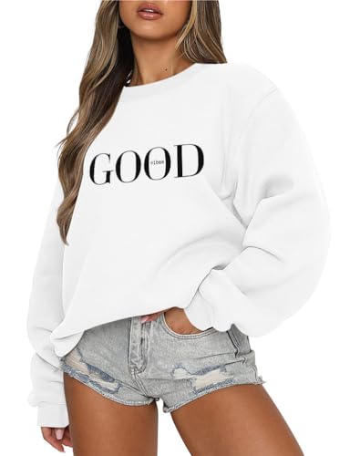 Tomwell Damen übergroße Sweatshirt Los Angeles Vintage Oversized Langarmshirt Rundhals Pullover Teenager Mädchen Casual Oberteile Tops Winter Herbst Streetwear Pulli E Weiß M von Tomwell