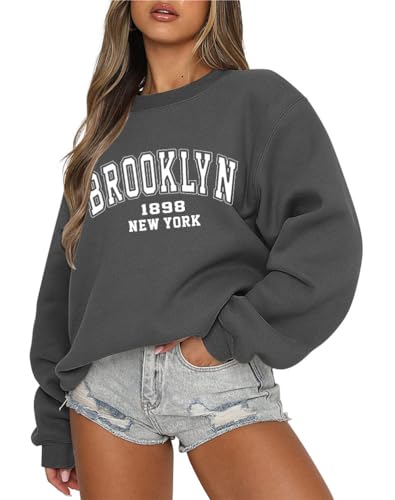 Tomwell Damen übergroße Sweatshirt Los Angeles Vintage Oversized Langarmshirt Rundhals Pullover Teenager Mädchen Casual Oberteile Tops Winter Herbst Streetwear Pulli F Dunkelgrau M von Tomwell