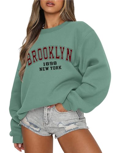 Tomwell Damen übergroße Sweatshirt Los Angeles Vintage Oversized Langarmshirt Rundhals Pullover Teenager Mädchen Casual Oberteile Tops Winter Herbst Streetwear Pulli F Grün M von Tomwell