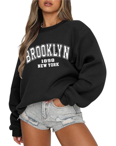 Tomwell Damen übergroße Sweatshirt Los Angeles Vintage Oversized Langarmshirt Rundhals Pullover Teenager Mädchen Casual Oberteile Tops Winter Herbst Streetwear Pulli F Schwarz M von Tomwell