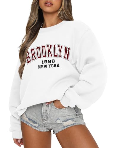 Tomwell Damen übergroße Sweatshirt Los Angeles Vintage Oversized Langarmshirt Rundhals Pullover Teenager Mädchen Casual Oberteile Tops Winter Herbst Streetwear Pulli F Weiß XS von Tomwell