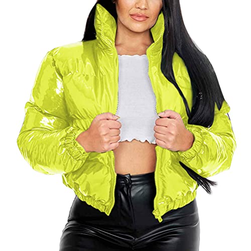 Tomwell Daunenjacke Damen Baumwollkleidung Mit Reißverschluss Einfarbig Jacke Kurz Mode Warme Winterjacke Outwear Steppjacke Gelb XL von Tomwell