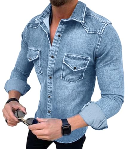 Tomwell Denim Freizeithemden Herren Kurzarm Slim fit V-Ausschnitt Knöpfen T-Shirts Männer Jeanshemd Herrenhemden Strickjacke Hellblau XXL von Tomwell