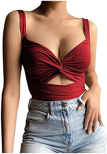 Tomwell Frauen Halfter Criss Cross Cut Out Weste Crop Top Sexy Verband Backless Cami Tank Tops Ärmelloses Wrap Crop Top Basic Tees Rückenfrei Cami Weste Y2K Streetwear A Rot XL von Tomwell