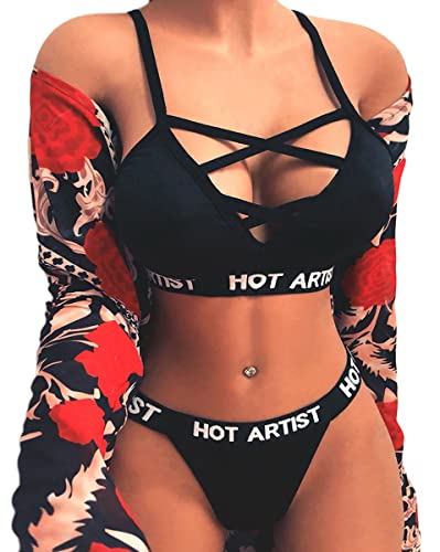 Tomwell Frauen Zweiteilige Unterwäsche Set Sexy Leopardenmuster Herz Ring Dekoration Dessous Push Up BH Tanga Split Pyjamas Set Z Schwarz S von Tomwell