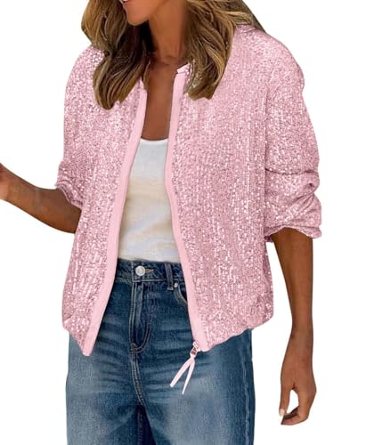 Tomwell Glitzer Oberteile Damen Langarm Pailletten Jacke Reissverschluss Kurz Cardigan Festliche Party Tops A Rosa L von Tomwell