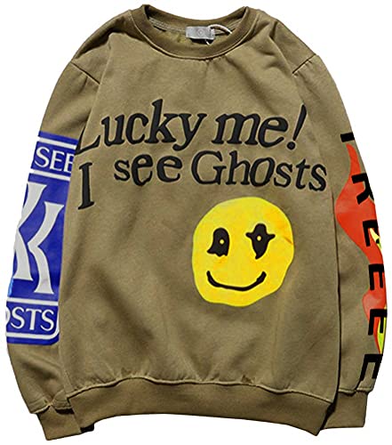 Tomwell Graffiti Brief Druck Sweatshirt Mit Kapuze Lucky me I See Ghosts Harajuku Hoodie Hip Hop Hoodie Kapuzenpullover Pullover D Beige L von Tomwell