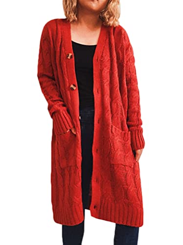 Tomwell Grobstrick Pullover Strickmantel Lang Damen Pullover Strickjacke Herbst Winter Langarm Casual Open Front Sweater Outwear mit Tasche Casual Cardigan Mantel G Rot M von Tomwell